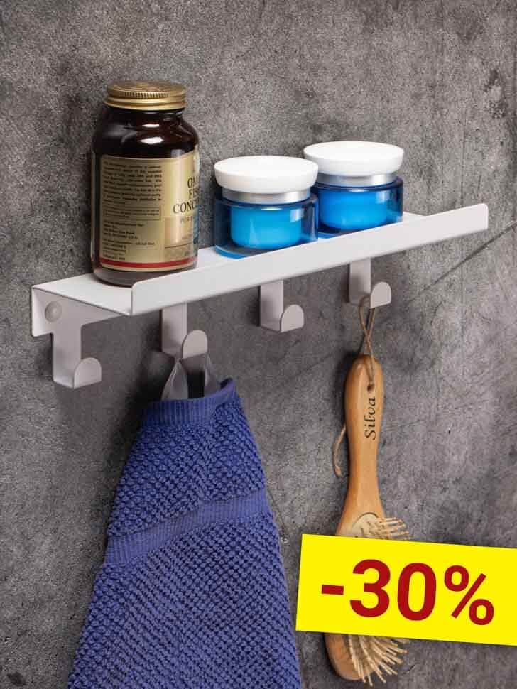 Полка для ванной комнаты с крючками навесная прямая белая 4 крючка 30x9x6 Полка для ванной комнаты с крючками навесная прямая белая 4 крючка 30x9x6